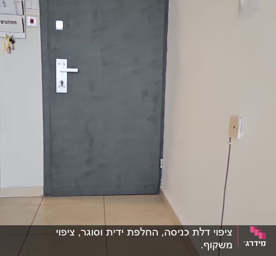 דלת מצופה בצבע אפור עם ידית לבנה